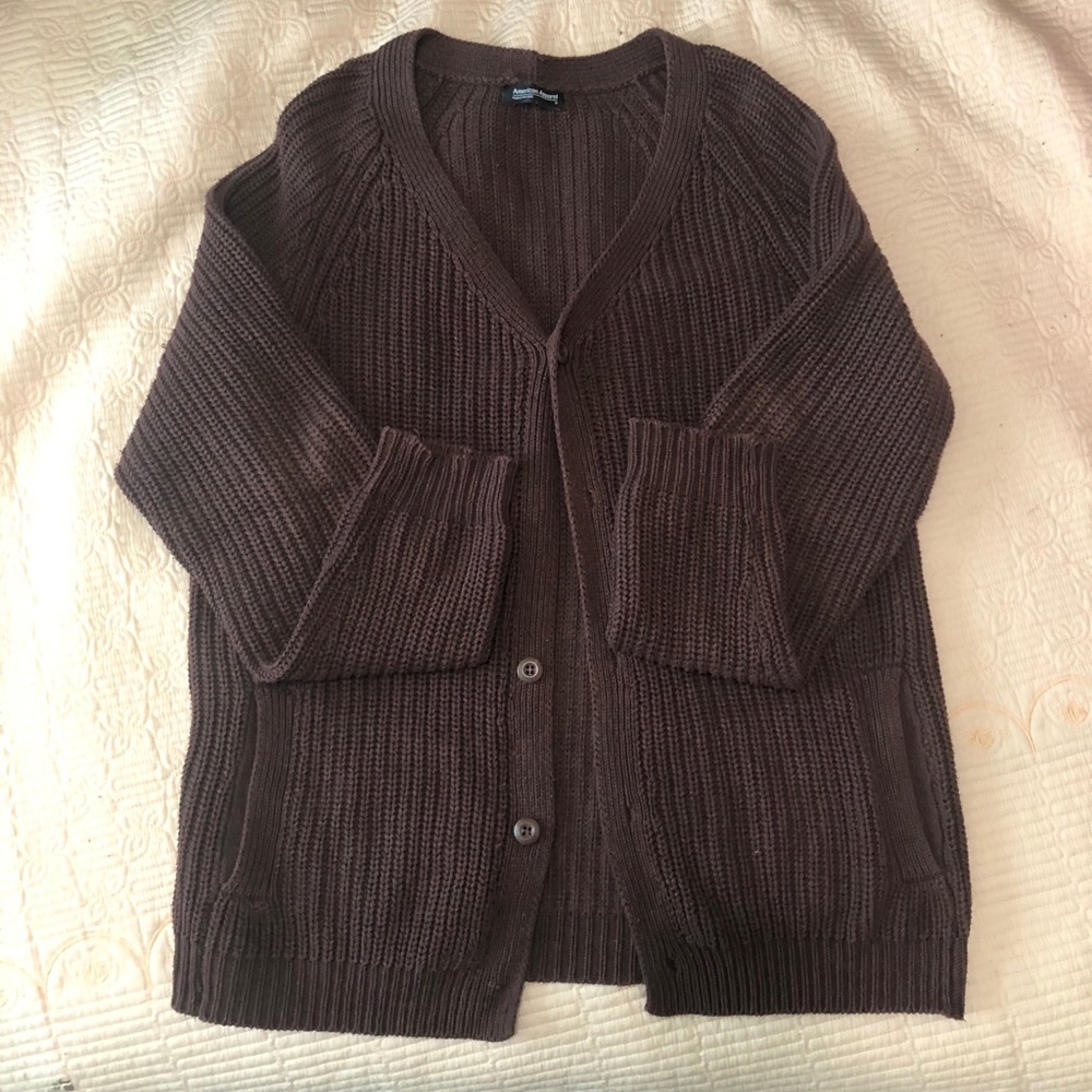 Brown thick knit cardigan sweater